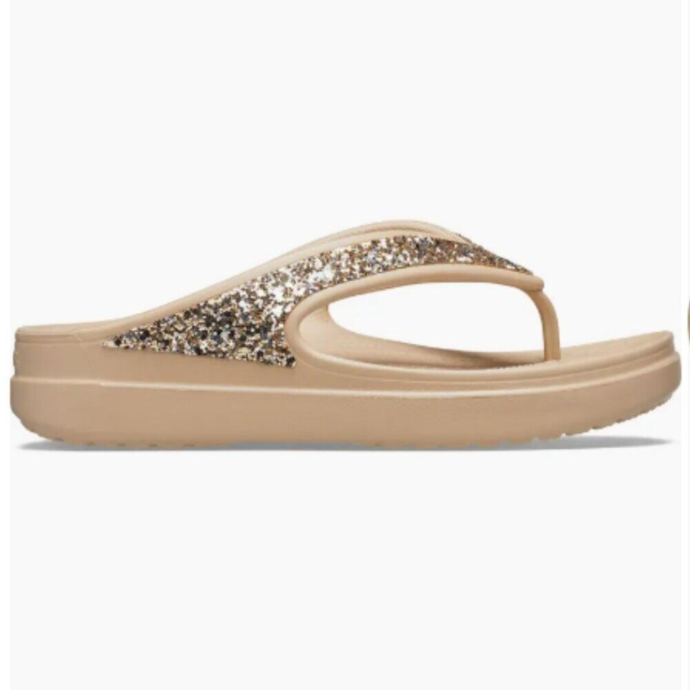 NWT Crocs Women Sloane Glitter Flip Flops Tan/Gold Shimmer comfy platform size 9 - Picture 5 of 14